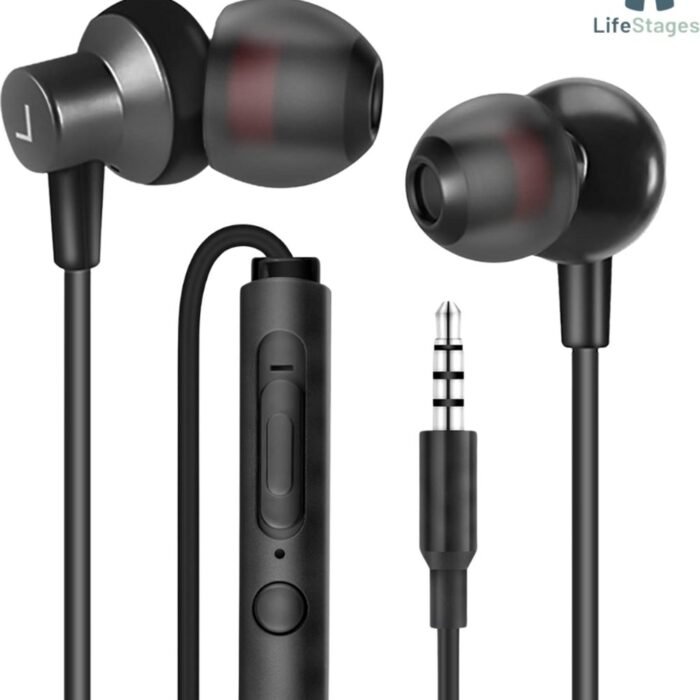 LifeStages - Oortjes Met Draad - Bedrade Koptelefoon In Zwart WI7 - In-Ear Oordopjes Met 3,5mm Jack En Microfoon - Compatibel Met MP3/MP4-Spelers - Ipods, Huawei, Samsung Galaxy S7/S8/S9 Koptelefoon