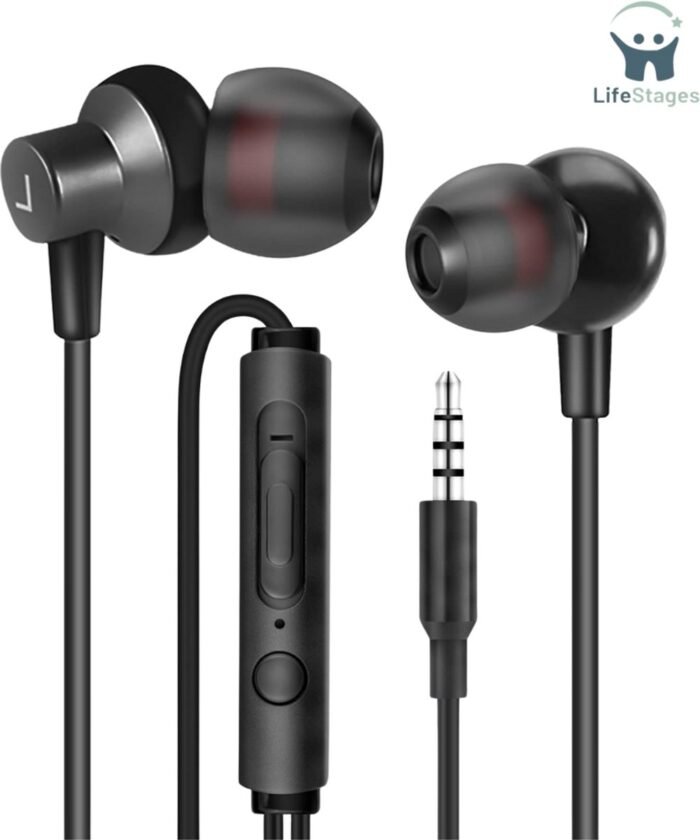 LifeStages - Oortjes Met Draad - Bedrade Koptelefoon In Zwart WI7 - In-Ear Oordopjes Met 3,5mm Jack En Microfoon - Compatibel Met MP3/MP4-Spelers - Ipods, Huawei, Samsung Galaxy S7/S8/S9 Koptelefoon