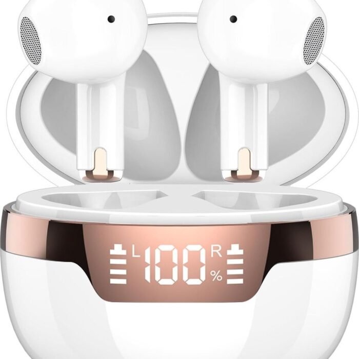 J97 Bluetooth Hoofdtelefoon - Ultieme Draadloze Ervaring met Bluetooth 5.3, HD Microfoon & 47 Uur Speeltijd - Dubbel LED Display, Lichtgewicht & IP7 Waterdicht - Inclusief Oplaadbox - Perfect voor Muziekliefhebbers & Helder Communiceren - Wit