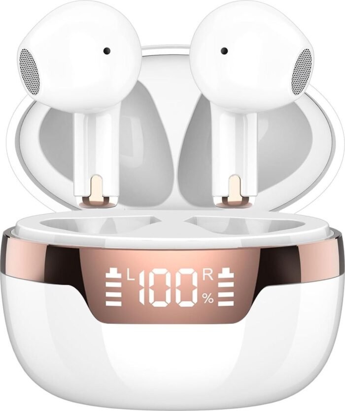 J97 Bluetooth Hoofdtelefoon - Ultieme Draadloze Ervaring met Bluetooth 5.3, HD Microfoon & 47 Uur Speeltijd - Dubbel LED Display, Lichtgewicht & IP7 Waterdicht - Inclusief Oplaadbox - Perfect voor Muziekliefhebbers & Helder Communiceren - Wit