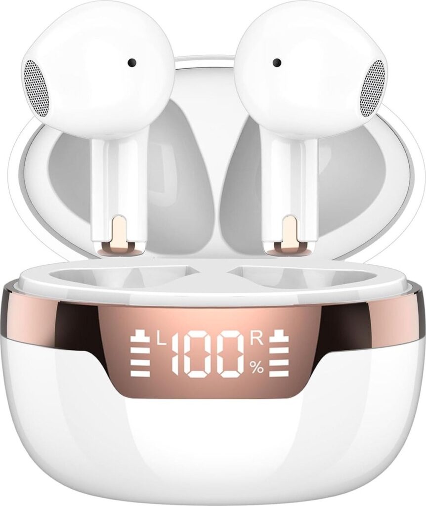 J97 Bluetooth Hoofdtelefoon - Ultieme Draadloze Ervaring met Bluetooth 5.3, HD Microfoon & 47 Uur Speeltijd - Dubbel LED Display, Lichtgewicht & IP7 Waterdicht - Inclusief Oplaadbox - Perfect voor Muziekliefhebbers & Helder Communiceren - Wit