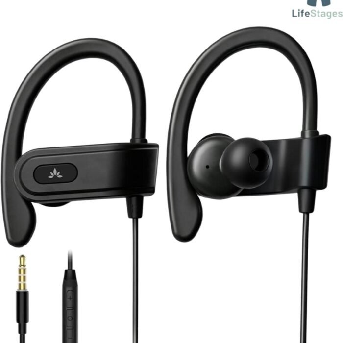 LifeStages - Oortjes Met Draad - AUX 3,5 Mm Bedrade Oordopjes - Met Microfoon En In-Line Volumeregeling - Compatibel Met Traditionele 3,5 Mm Bedrade AUX-Telefoons Voor Hardlopen En Sport - Zwart