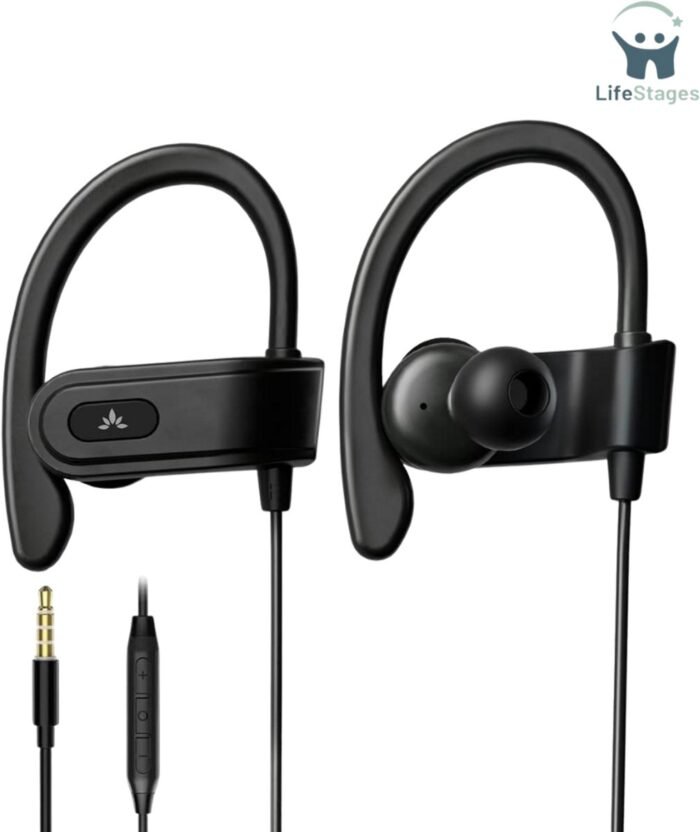 LifeStages - Oortjes Met Draad - AUX 3,5 Mm Bedrade Oordopjes - Met Microfoon En In-Line Volumeregeling - Compatibel Met Traditionele 3,5 Mm Bedrade AUX-Telefoons Voor Hardlopen En Sport - Zwart