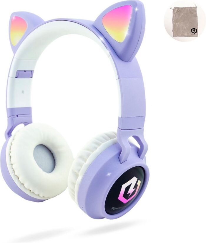 PowerLocus Buddy Draadloze Koptelefoon voor Kinderen, LED lampjes, 85db Limiet, met Microfoon, Micro SD poort - Purper