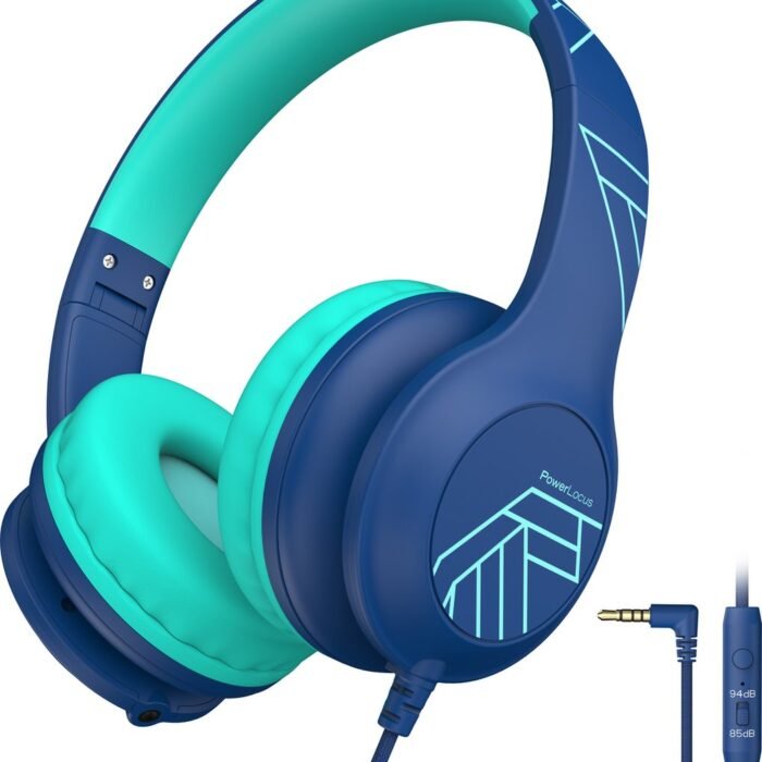 PowerLocus PLED Wired Kinder Koptelefoon met Draad - Koptelefoon voor kinderen - Veilig volume van 85dB en 94dB - Hoofdtelefoon - Met microfoon - Sharing Audio Functie - Blauw