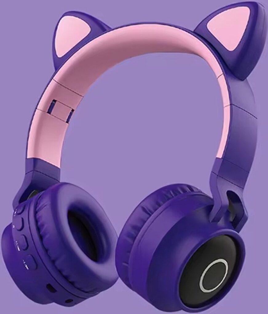 WizBay Premium Select® CAT Ear KIDS LED Headset met Microfoon LED op de Buitenkant - HD Bluetooth Phone Call - Ingebouwde Microfoon - SD Card - Verstelbare Hoofdband - Soft Zuurstof doorlatend Ear Pads - Kleur Donker Paars Buitenkant Roze Binnenkant