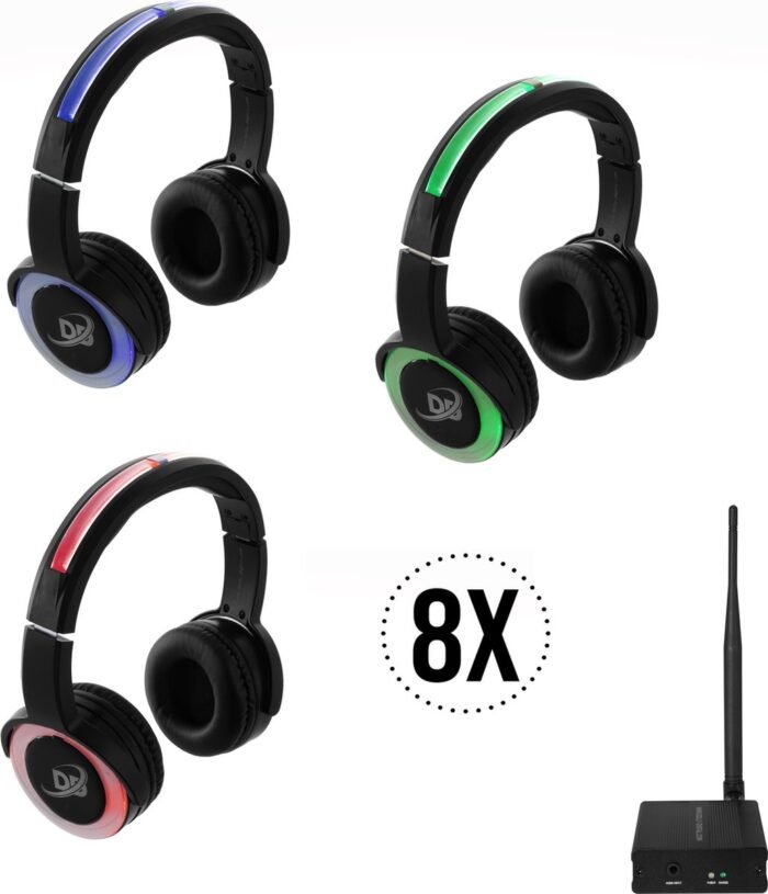 HiFi Silent Disco set met 8 oplaadbare headsets en premium oplaadbare zender. Dolly Digital©