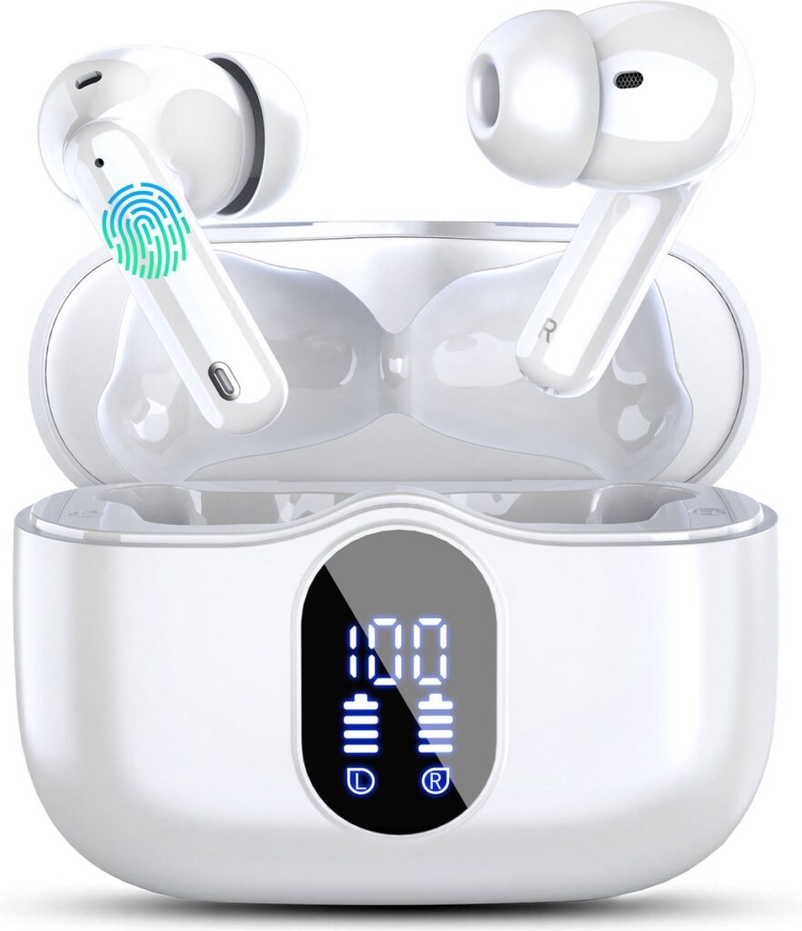 PrimeSound Sky Pro Draadloze Oordopjes - Active Noise Cancelling - LED Display - Bluetooth 5.3 - Wit