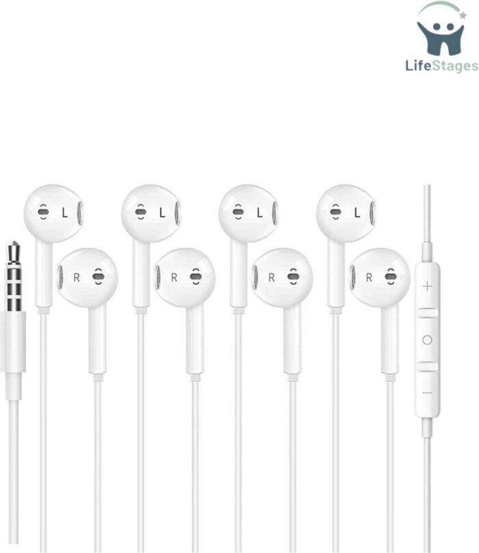 LifeStages - Oortjes Met Draad - 4 Set Hoofdtelefoon - Oordopjes 3,5mm Bedrade Hoofdtelefoon - Geluidsisolerende Oortelefoon - met ingebouwde Microfoon - Volumeregeling Compatibel met iPhone 6 Plus SE 5S 4 Samsung