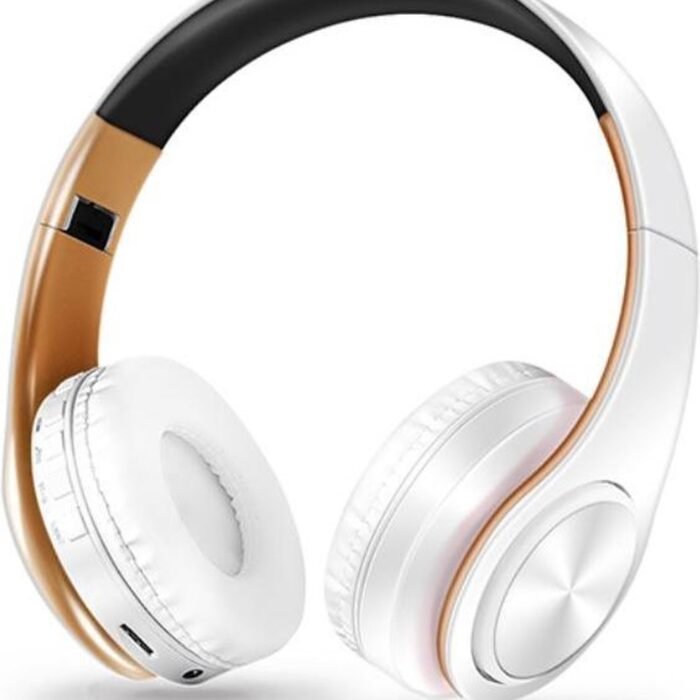 DrPhone Draadloze Bluetooth 5.0 Koptelefoon met 4 functies - SD kaart - FM - AUX - Handsfree Met Microfoon & Diepe Bass - Wit/Goud