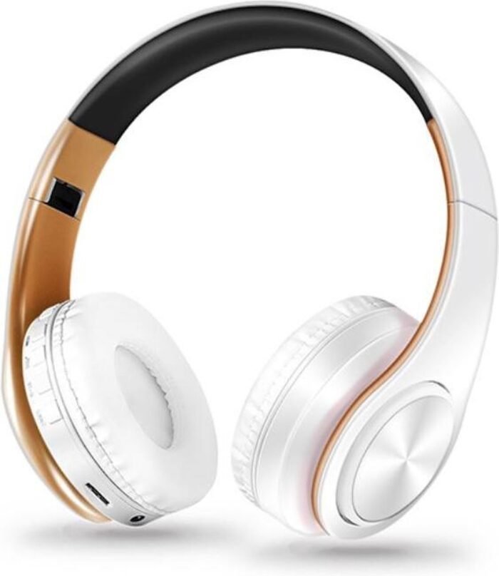 DrPhone Draadloze Bluetooth 5.0 Koptelefoon met 4 functies - SD kaart - FM - AUX - Handsfree Met Microfoon & Diepe Bass - Wit/Goud