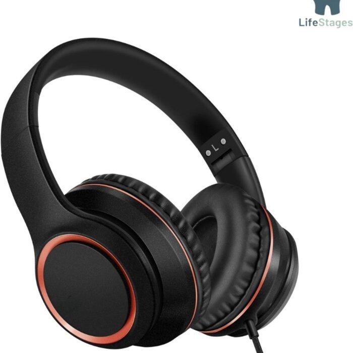 LifeStages - Koptelefoon Met Draad - Bedrade Koptelefoon Met Snoer En Microfoon - Met 1,45m Knoopvrije Nylon Kabel - Lichtgewicht - Opvouwbaar & Draagbare Koptelefoon Voor Smartphone, Tablet, Computer (Ruimte Zwart)