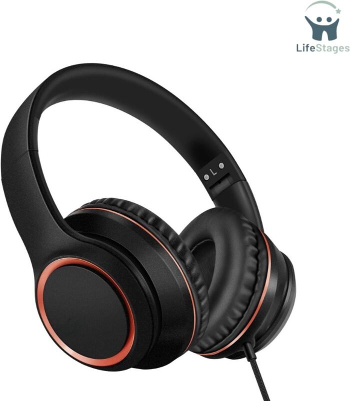 LifeStages - Koptelefoon Met Draad - Bedrade Koptelefoon Met Snoer En Microfoon - Met 1,45m Knoopvrije Nylon Kabel - Lichtgewicht - Opvouwbaar & Draagbare Koptelefoon Voor Smartphone, Tablet, Computer (Ruimte Zwart)