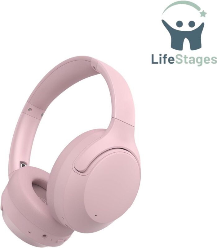 LifeStages - Noise Cancelling Hoofdtelefoon - Hybride Actieve Ruisonderdrukkende Hoofdtelefoon Draadloos Bluetooth 5.3 - Opvouwbare Over-Ear Hoofdtelefoon - 65 Uur Speeltijd - Multipoint Verbinding - Sakura Pink