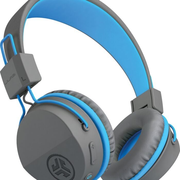 JLAB Jbuddies kinder Koptelefoon Draadloos – Koptelefoon kinderen geluidsdempend – Gehoorbescherming kinderen – Volumelimiet 84 dB – 24 uur batterijduur – Bluetooth - Grijs/Blauw