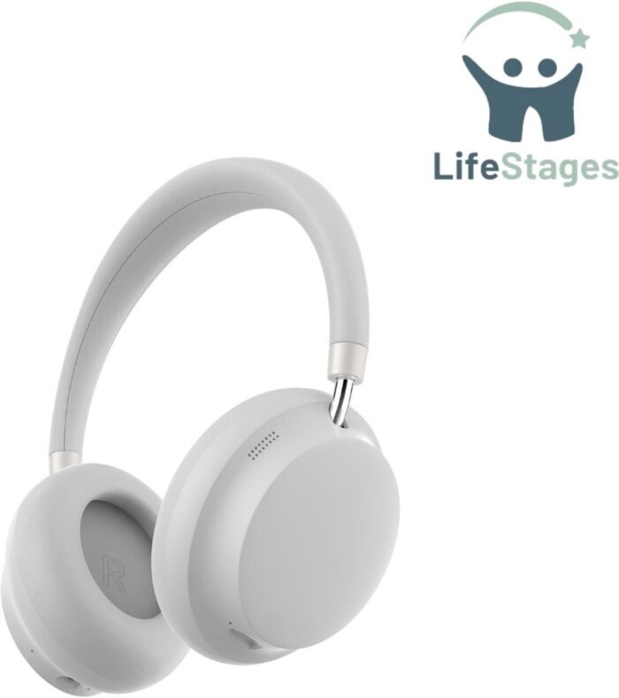 LifeStages - Noise Cancelling Hoofdtelefoon - Actieve Ruisonderdrukkende Hoofdtelefoon - Draadloze Over-Ear Hoofdtelefoon met Microfoon - 55 Uur Speeltijd - Hi-Res Audio - Lage Latentie - Bluetooth 5.3 ANC Hoofdtelefoon voor Reizen, Thuis - Wit