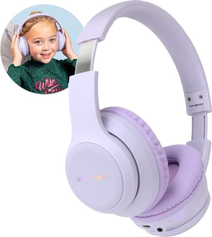 imoshion Kinder Koptelefoon met LED Verlichting - Met Decibelbegrenzer - Bluetooth Koptelefoon Kinderen - Draadloze Over-Ear Hoofdtelefoon - Lavender Lilac