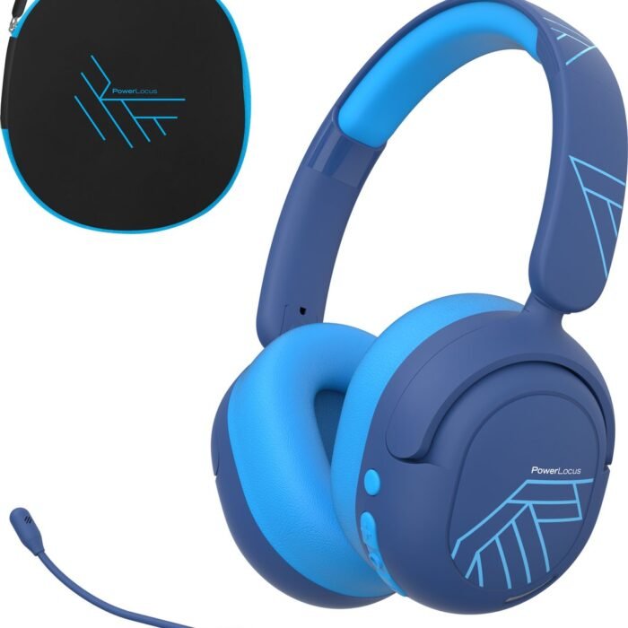PowerLocus Lion - Koptelefoon kinderen - Kinder Koptelefoon Draadloos - Active Noise Cancelling - Volumelimiet 74/85/94 dB - Boom Microfoon voor Gaming - 70 Uur batterijduur - Blauw