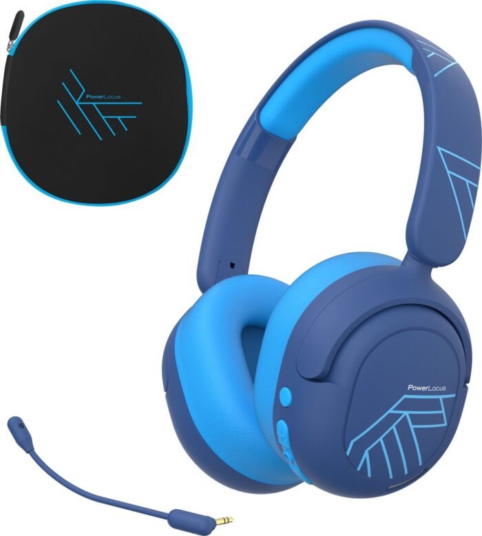 PowerLocus Lion - Koptelefoon kinderen - Kinder Koptelefoon Draadloos - Active Noise Cancelling - Volumelimiet 74/85/94 dB - Boom Microfoon voor Gaming - 70 Uur batterijduur - Blauw