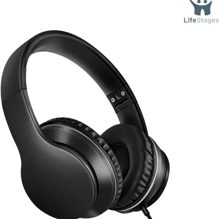 LifeStages - Koptelefoon Met Draad - Over-Ear Hoofdtelefoon Met Microfoon - Lichtgewicht - Opvouwbaar & Draagbaar Stereo Bass Hoofdtelefoon Met 1.45M No-Tangle - Bedrade Hoofdtelefoon Voor Smartphone, Tablet, MP3/4 (Ruimte Zwart)