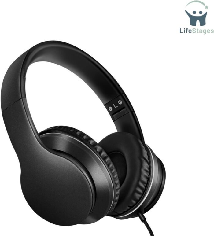 LifeStages - Koptelefoon Met Draad - Over-Ear Hoofdtelefoon Met Microfoon - Lichtgewicht - Opvouwbaar & Draagbaar Stereo Bass Hoofdtelefoon Met 1.45M No-Tangle - Bedrade Hoofdtelefoon Voor Smartphone, Tablet, MP3/4 (Ruimte Zwart)