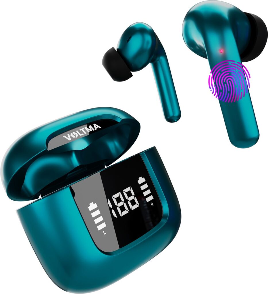 Voltma® Bolt Action Draadloze Oordopjes - Oortjes draadloos - IPX5 waterdicht - ENC + ANC Noise Cancelling - Wireless Earbuds met 6 Microfoons En 45 Uur Speeltijd - Bluetooth Earpods met True Tone LED-display Compatibel met IOS en Android (Groen)