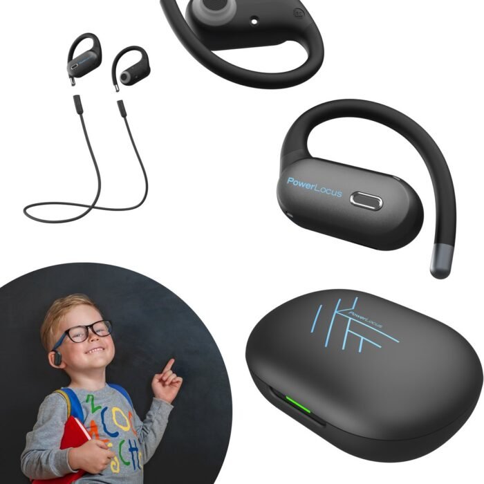 PowerLocus Jumpy - Open-Ear Koptelefoon voor Kinderen - Draadloze Oordopjes - met 85dB Volumebegrenzing - Bluetooth 5.3 - Draadloze oortjes - Waterproof Sport Oortjes - Universeel - Zwart/Blauw