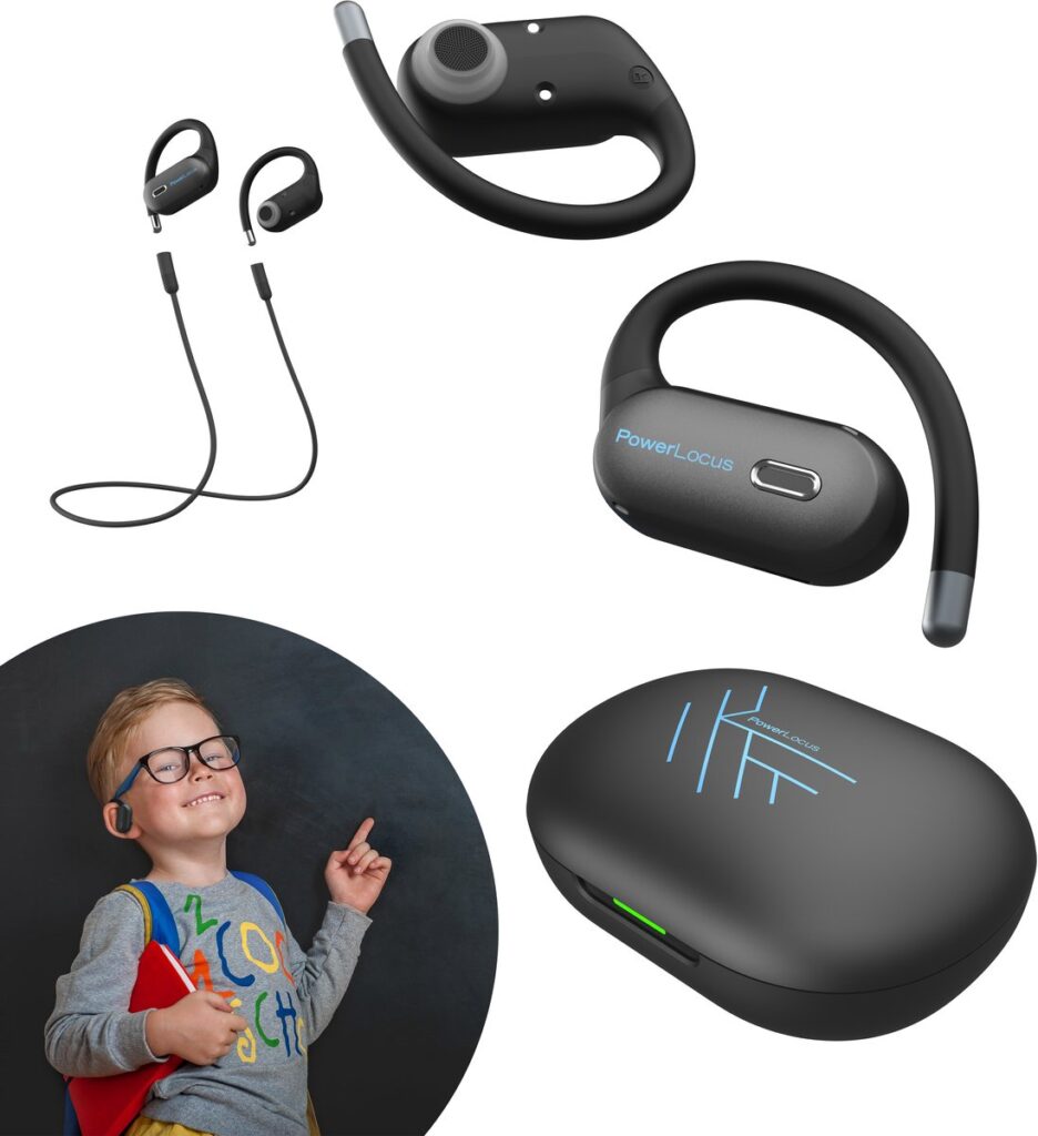 PowerLocus Jumpy - Open-Ear Koptelefoon voor Kinderen - Draadloze Oordopjes - met 85dB Volumebegrenzing - Bluetooth 5.3 - Draadloze oortjes - Waterproof Sport Oortjes - Universeel - Zwart/Blauw