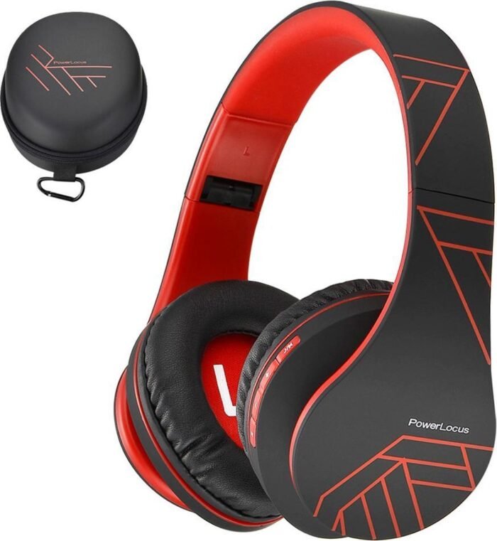 PowerLocus P2 - Draadloze Over-Ear Koptelefoon Inklapbaar - Bluetooth Hoofdtelefoon - Met microfoon – Headphone - Micro SD mode – Incl. Carry Case - Zwart/Rood