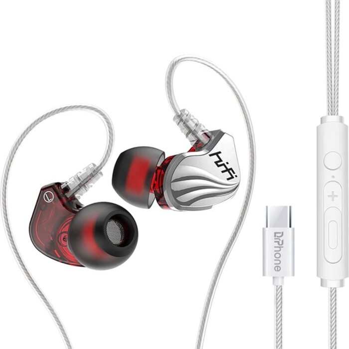 DrPhone Hi15 USB C In-Ear Oordoppen met ingebouwde DAC - Dynamische BASS - Oortelefoon met microfoon - Oorhaak Design - Passief ruisonderdrukking - Zilver