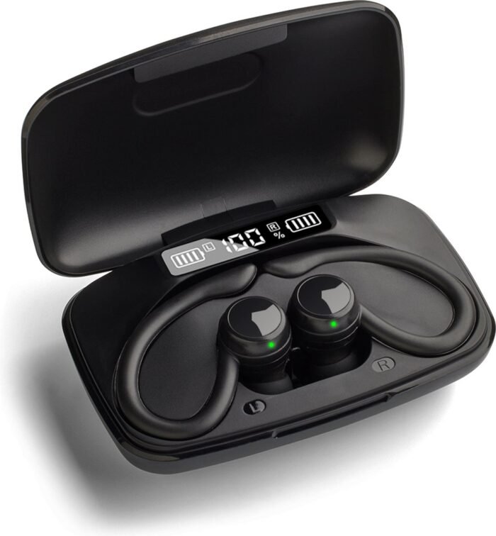 OOQE FIT PRO - Draadloze Oordopjes | Ergonomische Haakjes | Valt Niet Uit Je Oren | Bluetooth Oortjes voor Sport, Hardlopen, Fietsen, Fitness etc. | 80 Uur Batterijduur | Zuiver Geluid | Zweet- en Waterbestendig | Heldere Telefoongesprekken | Zwart