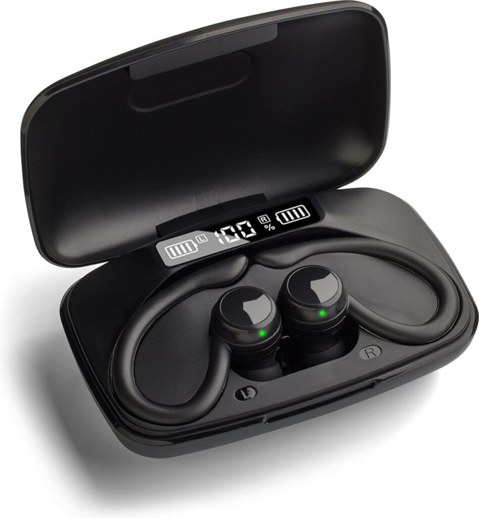 OOQE FIT PRO - Draadloze Oordopjes | Ergonomische Haakjes | Valt Niet Uit Je Oren | Bluetooth Oortjes voor Sport, Hardlopen, Fietsen, Fitness etc. | 80 Uur Batterijduur | Zuiver Geluid | Zweet- en Waterbestendig | Heldere Telefoongesprekken | Zwart