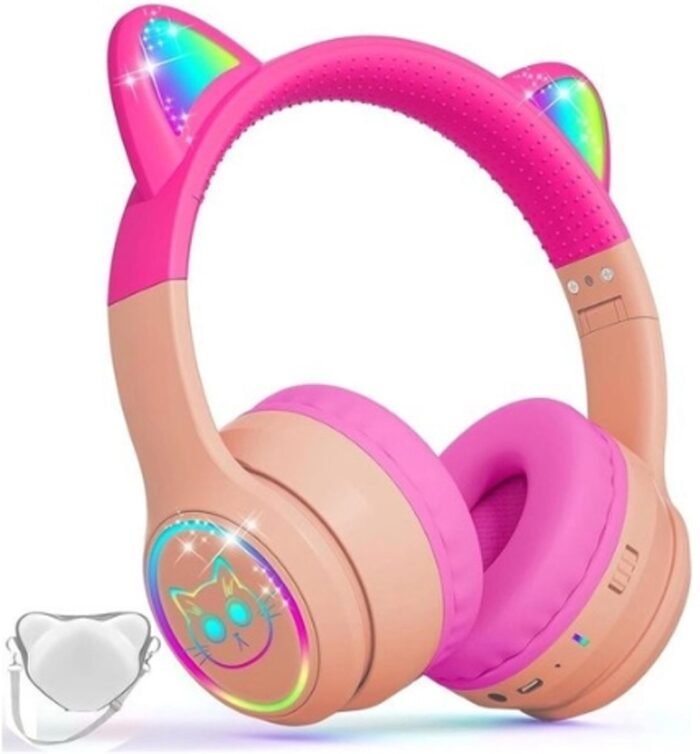 StayPowered Kinder Bluetooth Hoofdtelefoon - Perfect voor School & Reis - Veilig Volumeniveau - Heldere Geluidskwaliteit - met LED - Draadloos & Bekabeld - Versterkt Materiaal - Lange Batterijduur - Roze - Levering Sneller dan Aangegeven!