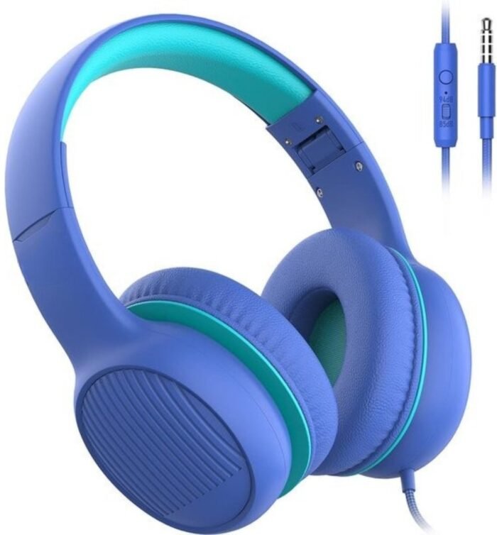 StayPowered Hoofdtelefoon - Veilig Geluid voor Kinderen - Volumeregelaar - Stereogeluid - Audio Sharing - Comfortabele Oorkussens - Ingebouwde Microfoon - Voor Kids - Zachte Eco-Lederen Oorkussens - Blauw - Levering Sneller dan Aangegeven!