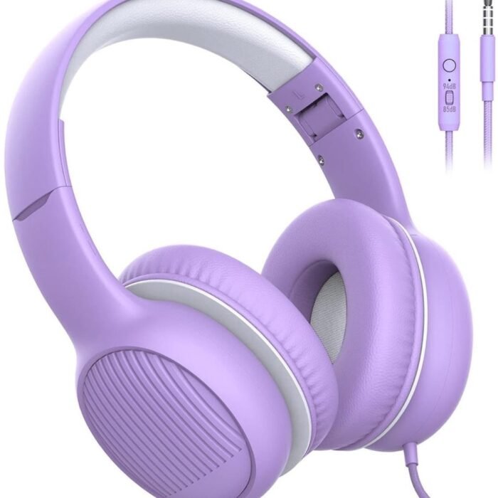 StayPowered Hoofdtelefoon - Veilig Geluid voor Kinderen - Volumeregelaar - Stereogeluid - Audio Sharing - Comfortabele Oorkussens - Ingebouwde Microfoon - Speciaal voor Kids - Zachte Eco-Lederen Oorkussens - Paars - Levering Sneller dan Aangegeven!