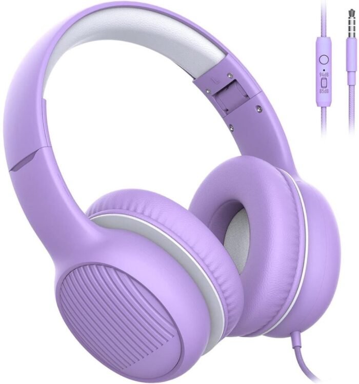 StayPowered Hoofdtelefoon - Veilig Geluid voor Kinderen - Volumeregelaar - Stereogeluid - Audio Sharing - Comfortabele Oorkussens - Ingebouwde Microfoon - Speciaal voor Kids - Zachte Eco-Lederen Oorkussens - Paars - Levering Sneller dan Aangegeven!