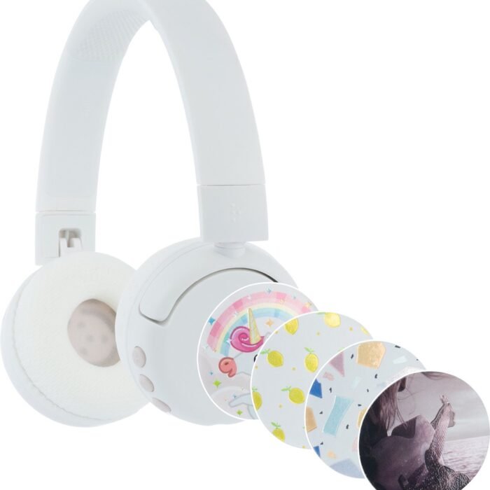 BuddyPhones PopFun Koptelefoon Kinderen - Kinder Koptelefoon Draadloos – Volumelimiet 84/95 dB – 24 uur batterijduur – Bluetooth Hoofdtelefoon - Ingebouwde microfoon - Inclusief Leuke Stickers - Wit