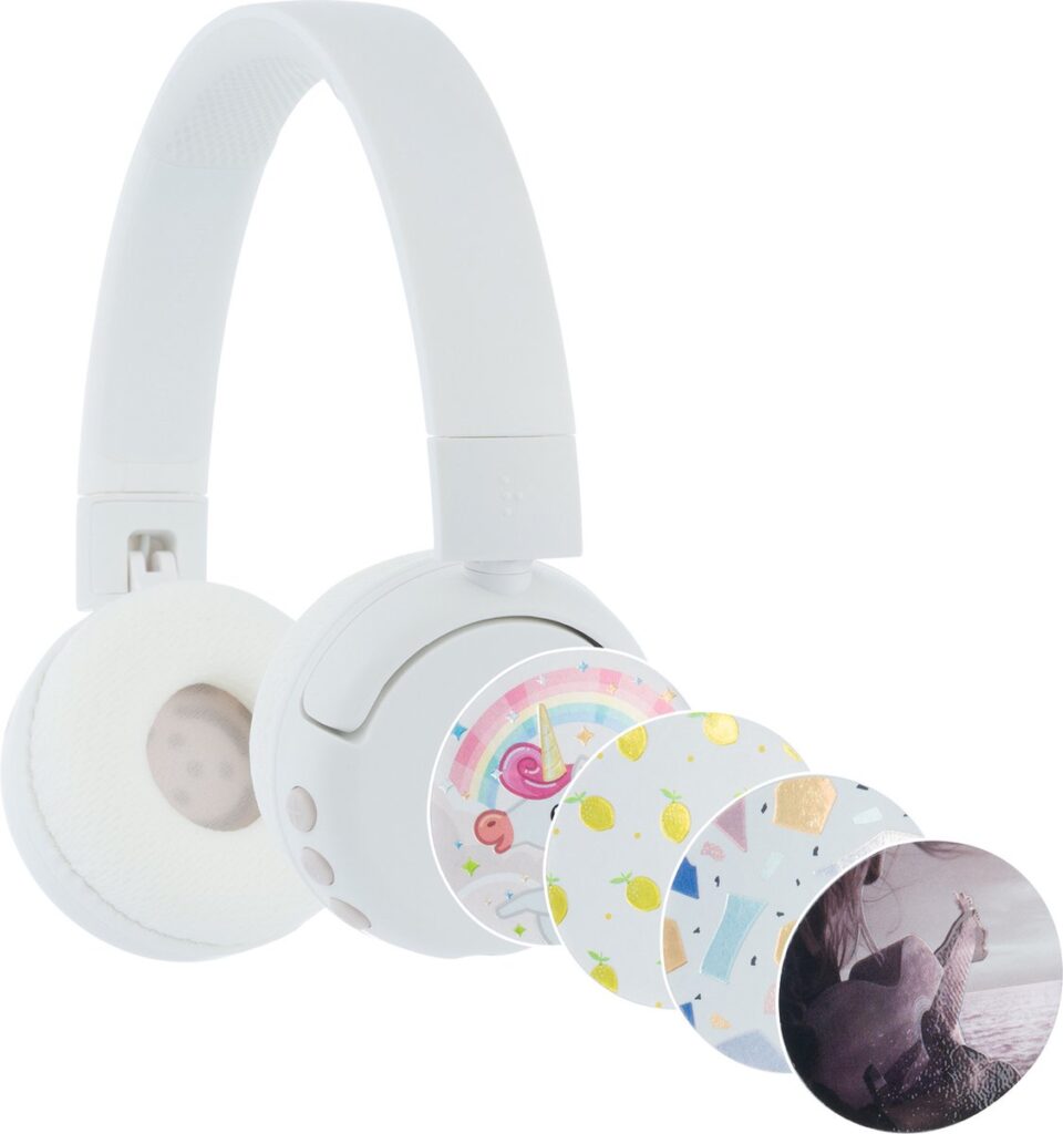 BuddyPhones PopFun Koptelefoon Kinderen - Kinder Koptelefoon Draadloos – Volumelimiet 84/95 dB – 24 uur batterijduur – Bluetooth Hoofdtelefoon - Ingebouwde microfoon - Inclusief Leuke Stickers - Wit