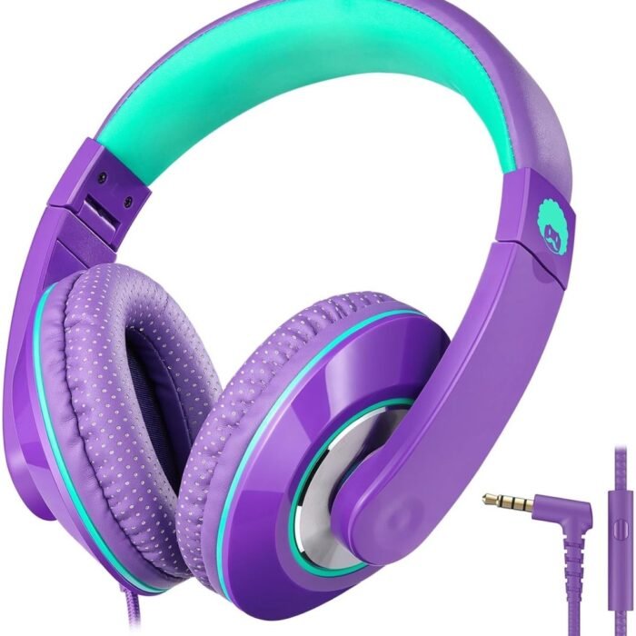 StayPowered Kinderkoptelefoon - Perfect Geluid & Ultiem Comfort - Verstelbaar - HD Microfoon - Kraakhelder Stereo - Zachte Oorkussens - Duurzame Kabel - 3.5mm Jack - Paars/Groen - Levering Sneller dan Aangegeven!