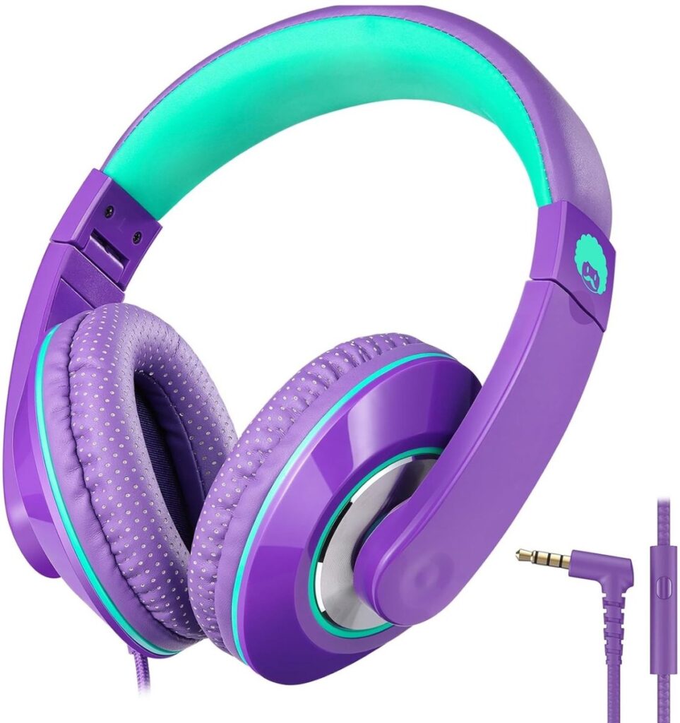StayPowered Kinderkoptelefoon - Perfect Geluid & Ultiem Comfort - Verstelbaar - HD Microfoon - Kraakhelder Stereo - Zachte Oorkussens - Duurzame Kabel - 3.5mm Jack - Paars/Groen - Levering Sneller dan Aangegeven!