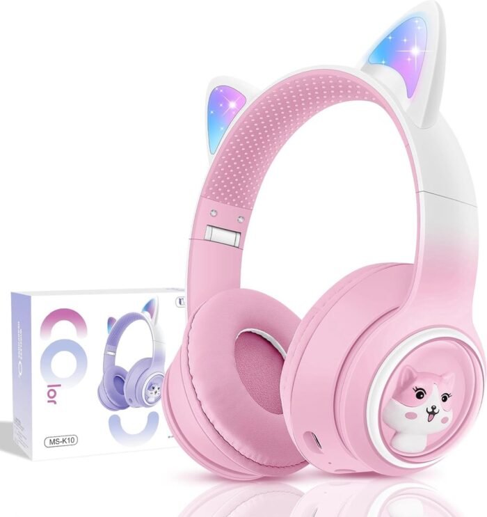 Draadloze hoofdtelefoon voor kinderen met kattenoren en LED-verlichting - Bluetooth opvouwbaar en lichtgewicht