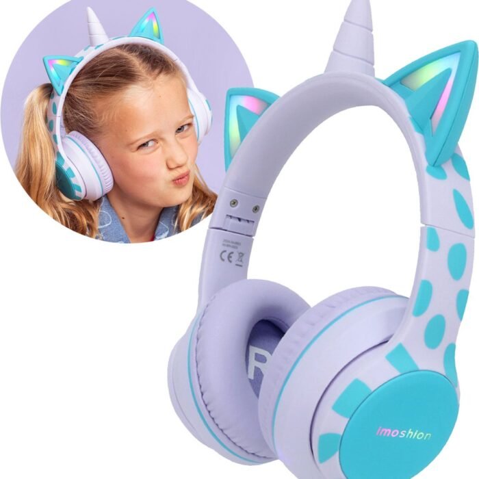 imoshion Kinder Koptelefoon Unicorn - Met Decibelbegrenzer - Bluetooth Koptelefoon Kinderen - Draadloze Over-Ear Hoofdtelefoon - Lavender Lilac / Soft Blue