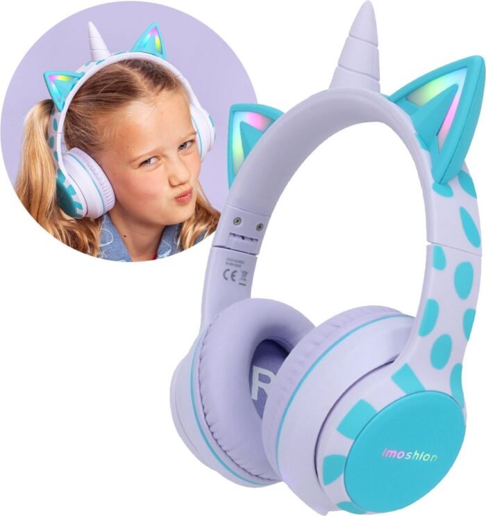 imoshion Kinder Koptelefoon Unicorn - Met Decibelbegrenzer - Bluetooth Koptelefoon Kinderen - Draadloze Over-Ear Hoofdtelefoon - Lavender Lilac / Soft Blue