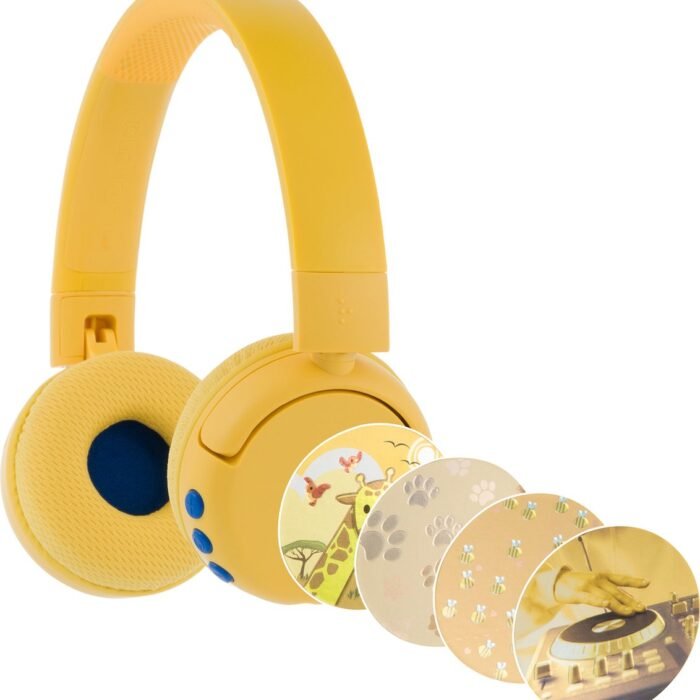 BuddyPhones PopFun Koptelefoon Kinderen - Kinder Koptelefoon Draadloos – Volumelimiet 84/95 dB – 24 uur batterijduur – Bluetooth Hoofdtelefoon - Ingebouwde microfoon - Inclusief Leuke Stickers - Geel