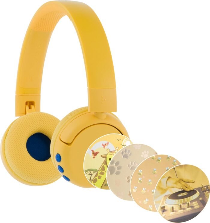 BuddyPhones PopFun Koptelefoon Kinderen - Kinder Koptelefoon Draadloos – Volumelimiet 84/95 dB – 24 uur batterijduur – Bluetooth Hoofdtelefoon - Ingebouwde microfoon - Inclusief Leuke Stickers - Geel