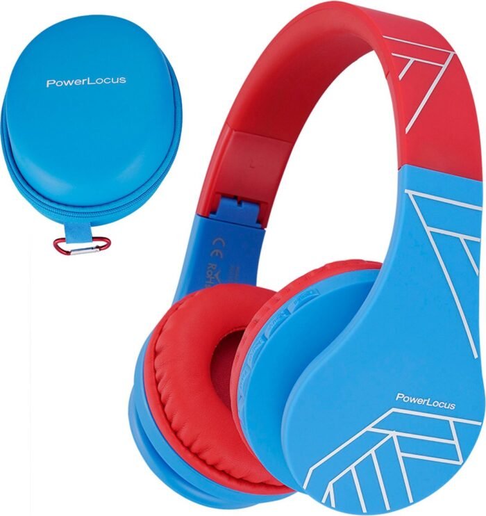 PowerLocus P1 Kids Kinder Koptelefoon Draadloos - Koptelefoon voor kinderen - Veilig volume van 85 dB - Bluetooth Hoofdtelefoon - Met microfoon - incl. Premium Case - Blauw/Rood
