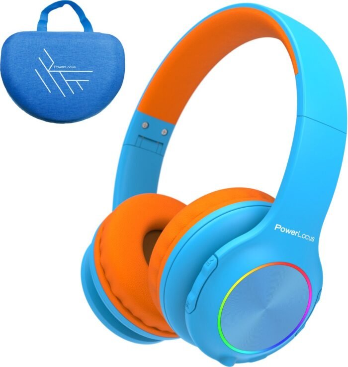 PowerLocus PLED Draadloze Koptelefoon Over-Ear voor Kinderen - LED lampjes - met Microfoon - Micro SD poort - Blauw/Oranje