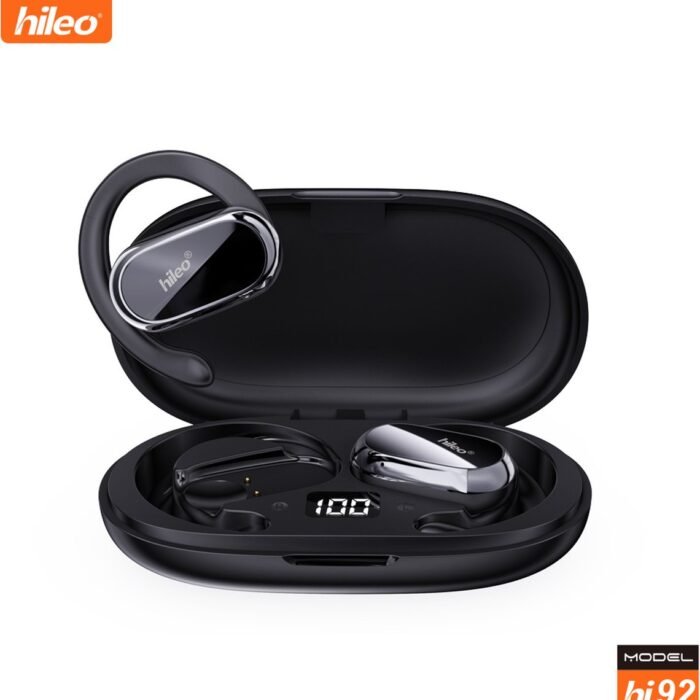 hileo hi92 - Draadloze Oordopjes met Oplaadcase – Zwart - Sport - Open-Ear - Bluetooth V5.3 oordopjes – Draadloze oortjes – Verstelbare oorhaken - Open Wearable Stereo – Geschikt voor IOS/Android