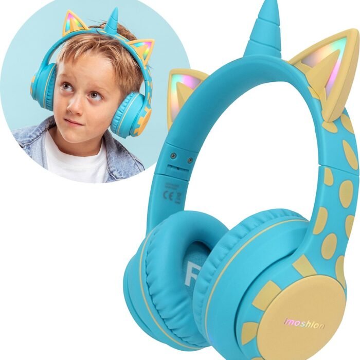 imoshion Kinder Koptelefoon Unicorn - Met Decibelbegrenzer - Bluetooth Koptelefoon Kinderen - Draadloze Over-Ear Hoofdtelefoon - Soft Blue / Yellow