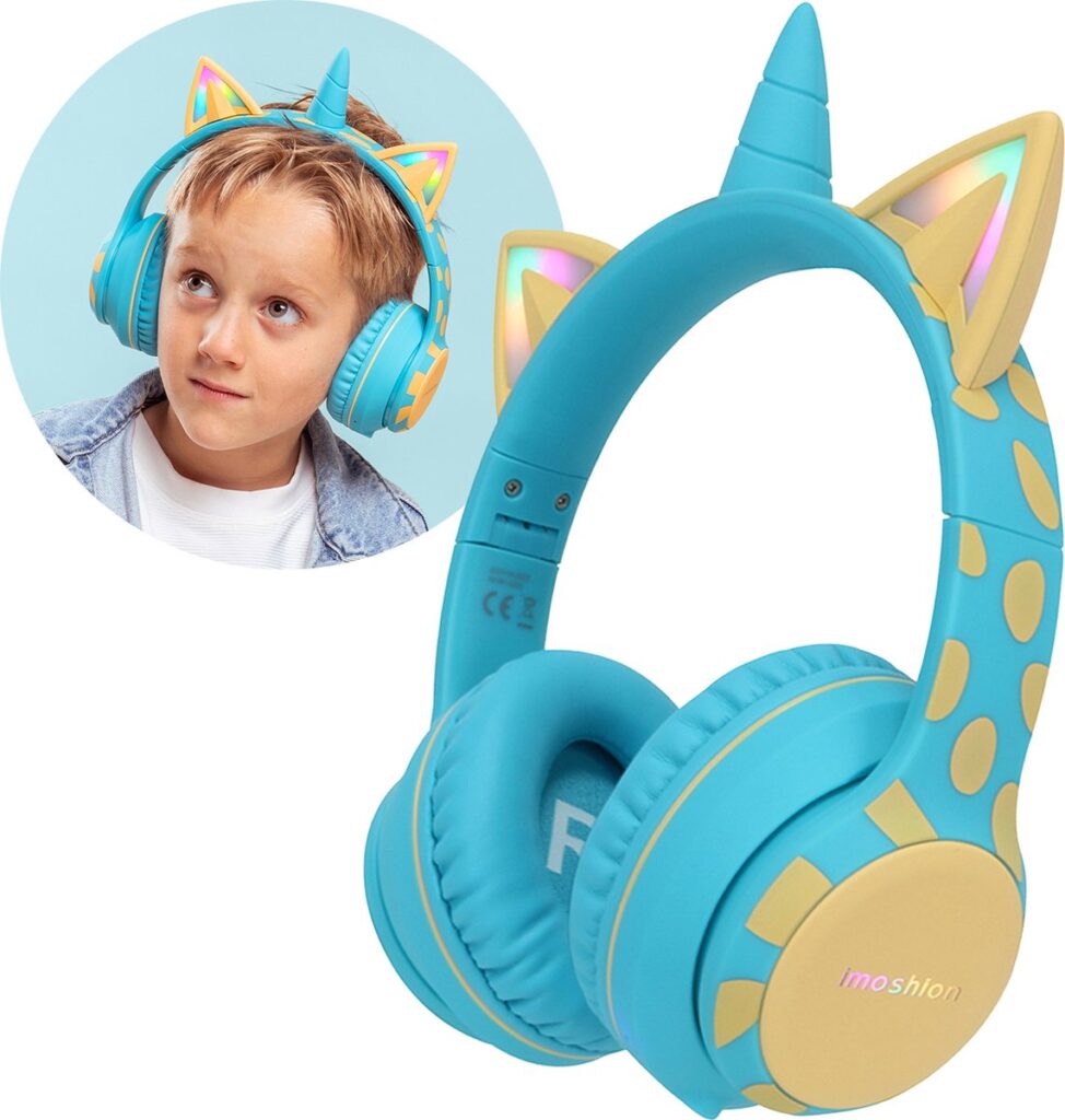 imoshion Kinder Koptelefoon Unicorn - Met Decibelbegrenzer - Bluetooth Koptelefoon Kinderen - Draadloze Over-Ear Hoofdtelefoon - Soft Blue / Yellow